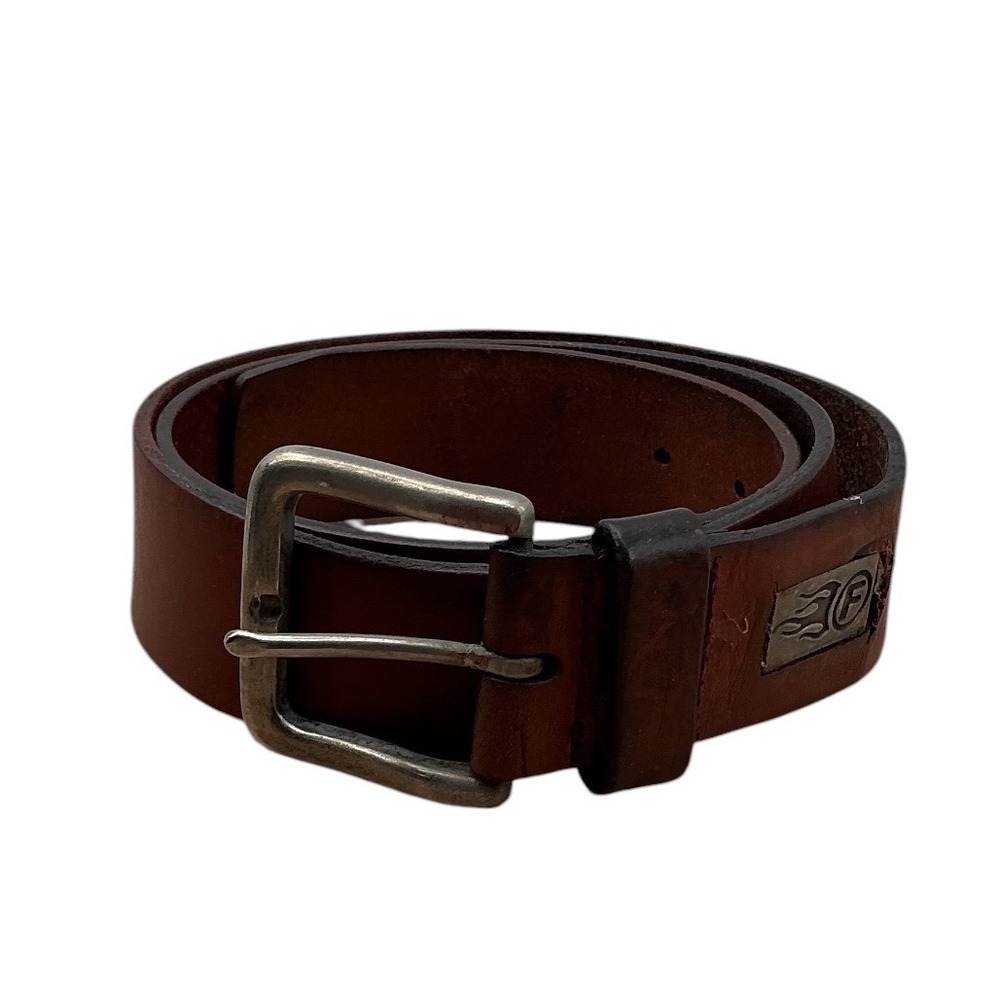 Fossil Mens Brown Genuine Leather Belt Flame Logo Silver Buckle 36 MB403022236